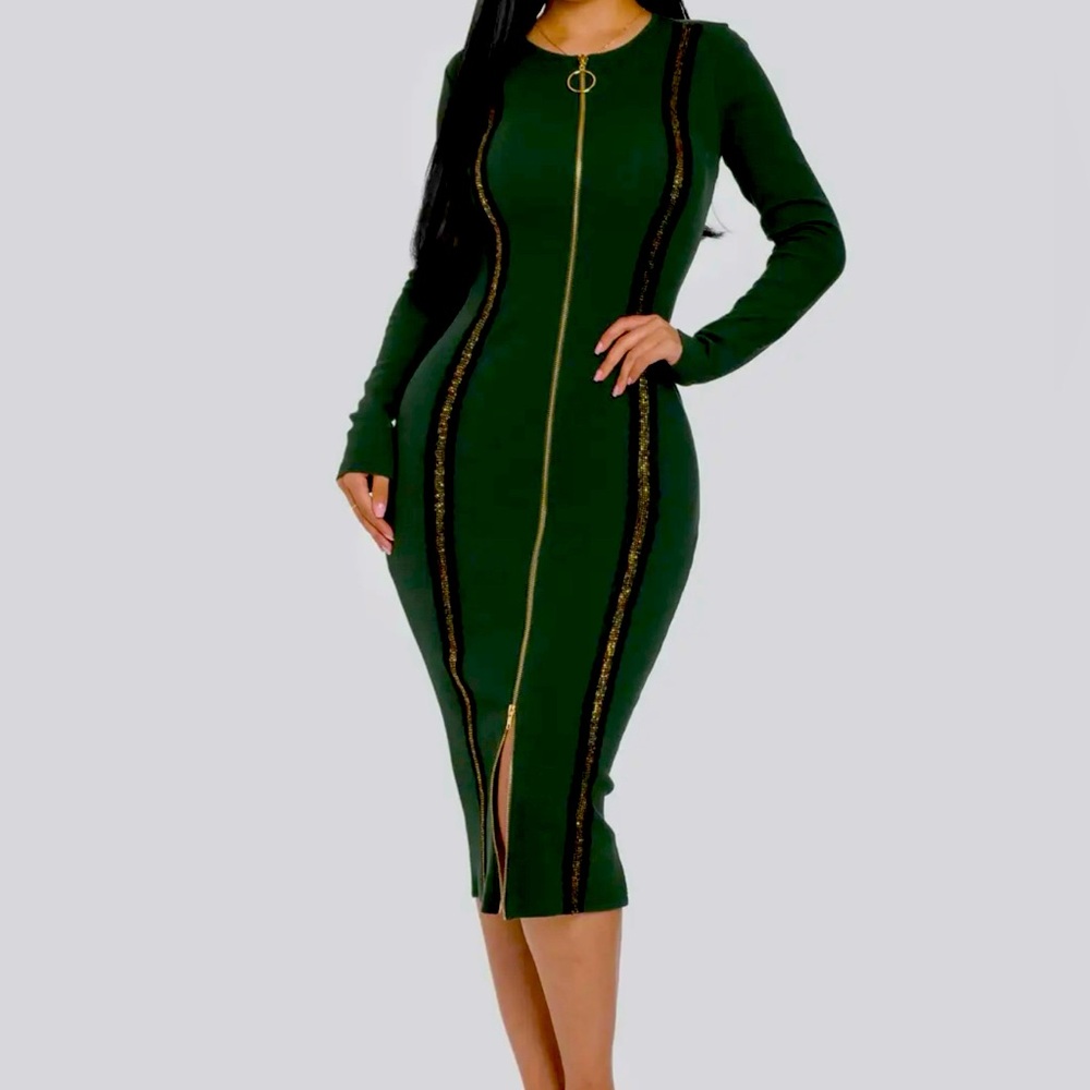 Midi Dress with Gold Trim Detail and 2 Way zipper